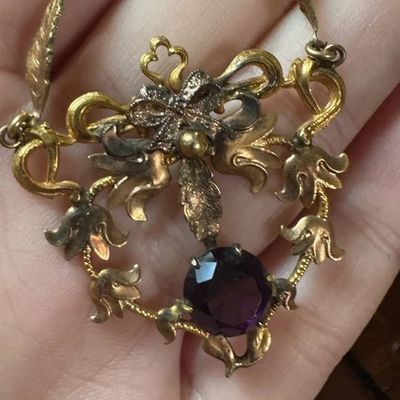 Edwardian Victorian Antique Gold Filled Amethyst Glass Mourning Jewelry Necklace